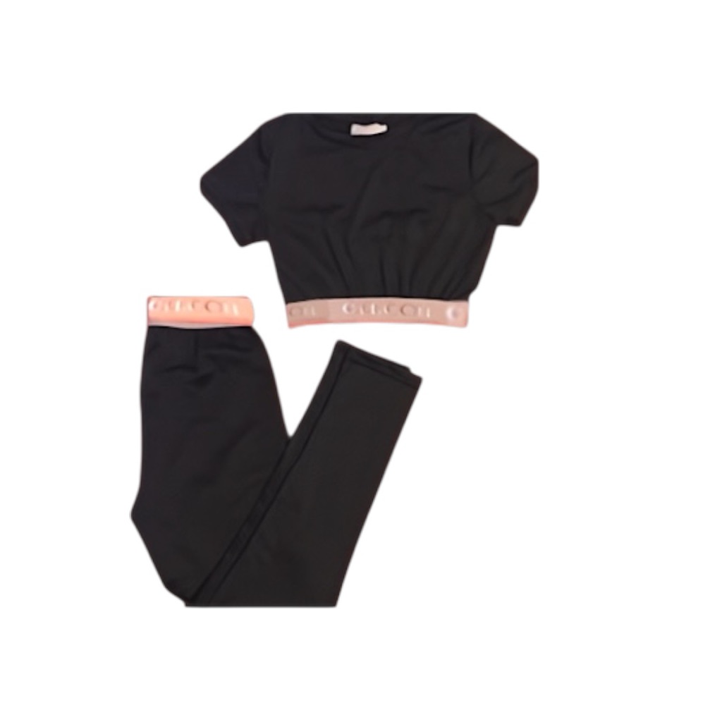 Gucci Matching Set Crop Top And Black Leggings With Pink Waistband Gucci Logo